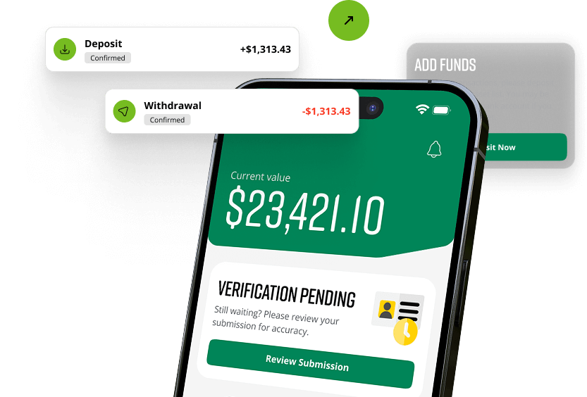 Smartphone mockup showing a green finance app dashboard with a current value of $23,421.10, deposit and withdrawal notifications, an “Add Funds” prompt, and a “Verification Pending” message with a review button.