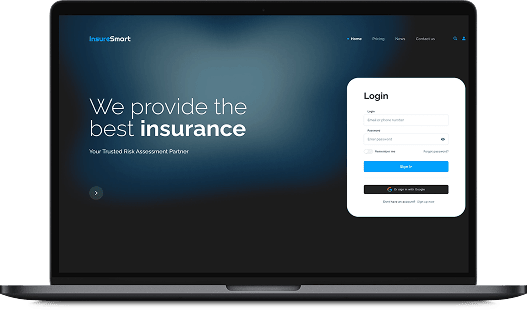 Laptop displaying an insurance website homepage with a headline about insurance services and a login form on the right side of the screen.