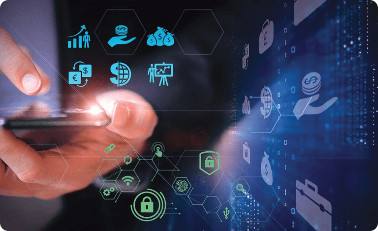 Close-up of a person using a smartphone with overlaid digital finance and cybersecurity icons, including currency exchange, money management, analytics, biometric authentication, and secure mobile banking symbols on a blue tech-themed interface.